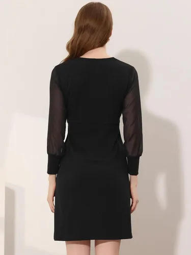 Vista 4 de Allegra K Minivestido de manga transparente con cuello en V y malla para mujer M