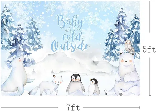 Vista 3 de MEHOFOND Telón de fondo de invierno de 7 x 5 pies para baby shower, fondo exterior con acuarela azul, animales árticos, pingüino, baby shower