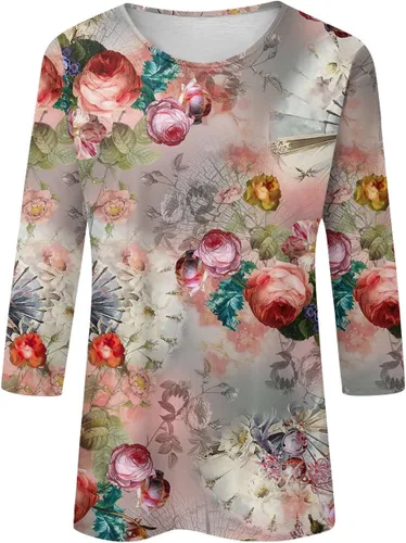 Vista 99 de Camisetas personalizadas para mujer, a la moda, casual, de séptima manga, estampada, cuello redondo, camiseta