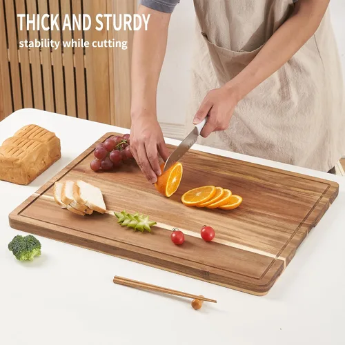 Vista 2 de Tabla de cortar extragrande de madera de acacia con asas, bloque de cortar de cocina con ranura para jugo, tabla de bloque de carnicero, tabla