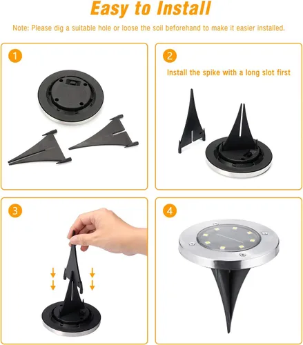 Vista 6 de ODEETRONIC Luces solares de tierra, paquete de 12 unidades de 8 luces LED de disco solar, luz impermeable para exteriores, luz redonda de disco