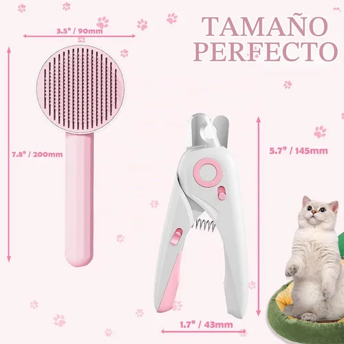 Vista 5 de Cepillo autolimpiante para gatos, cortaúñas con luz LED y lima de uñas Rosado