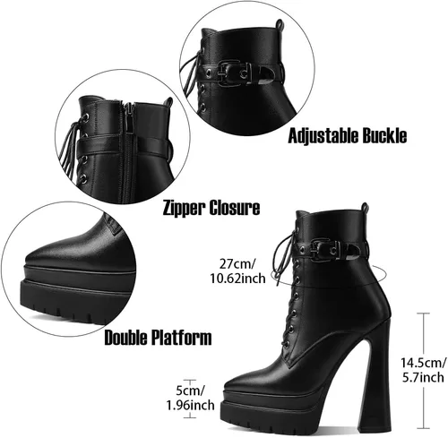 Vista 7 de Mattiventon Botas de plataforma para mujer, tacón grueso, punta puntiaguda, botines con cordones al tobillo