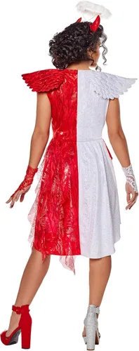 Vista 2 de Spirit Halloween Disfraz de ángel diablo para adultos, traje de diablo y ángel, vestido rojo y blanco con alas