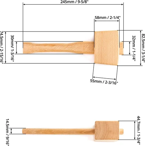 Vista 6 de QWORK Maza de madera, martillo manual para hielo de 9.5" de haya. Martillo de carpintero de madera maciza. Herramienta manual para carpintería