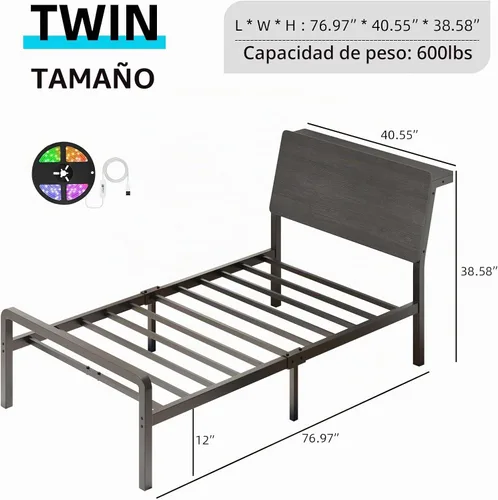 Vista 2 de MaverickFurni Base de cama individual con luces LED y cabecera