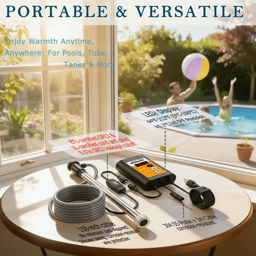 Vista 2 de Calentador de baptisterio sumergible de 1500 W, calentador de agua de inmersión 316SS para piscina bautismal y jacuzzis, calentador de agua portátil