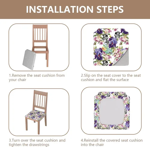 Vista 6 de Juego de 4 fundas elásticas para sillas de comedor, fundas para sillas de comedor con estampado floral, fundas para asientos de sillas con estampado