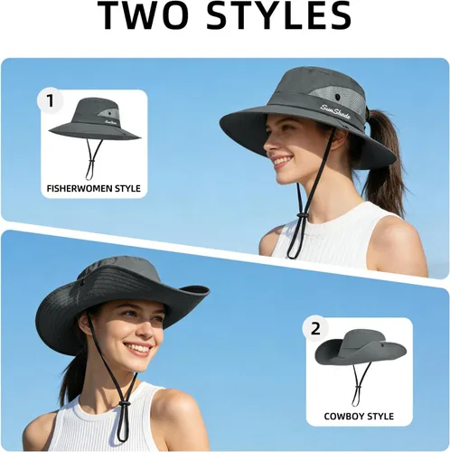 Vista 68 de Rosoz Sombreros de cola de caballo para mujer, protección UV, ala ancha 1 paquete-negro