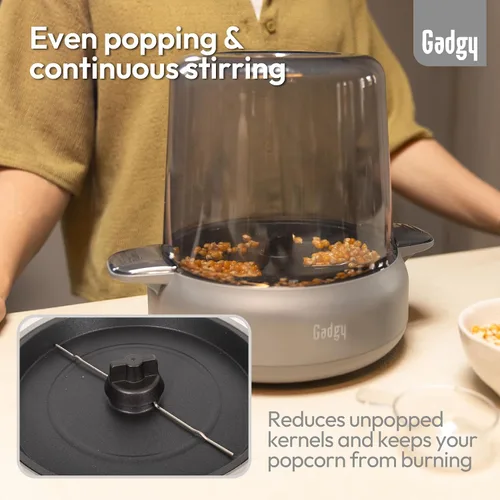 Vista 7 de Máquina de palomitas de maíz Gadgy – Máquina eléctrica de aceite caliente de 500W con placa antiadherente, tapa y agitador – Gran popper de 24 tazas