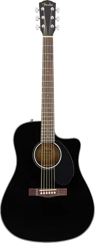 Vista 2 de Fender CD-60SCE - Guitarra electroacústica Dreadnought de tapa sólida - Paquete negro con funda, cable, afinador, correa, cuerdas, púas, DVD