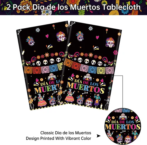 Vista 4 de 2 Piezas Mantel del Día de los Muertos - Mantel de Plástico Dia De Los Muertos, Mantel Desechable con Calavera de Azúcar Floral Cubierta de Mesa