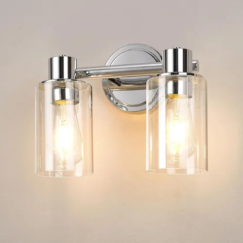 Vista 11 de Apliques de Pared de Baño de 2 Luces con Cristal Transparente, Luces de Pared de Baño Sobre Espejo, Luces de Tocador Cromadas con Base E26