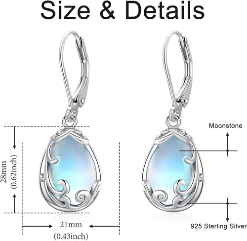 Vista 4 de Aretes de plata de ley 925 con diseño de gato, árbol de la vida, piedra lunar, lágrima, filigrana, colgantes, para mujeres y niñas