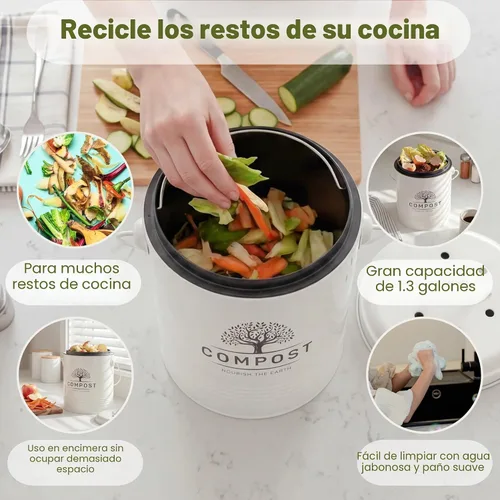 Vista 3 de Perfnique Cubo de Compost de Cocina, Cubo de Compost de Encimera de 1.3 Galones con Tapa, Cubo de Compost Interior Incluye Forro de Cubo