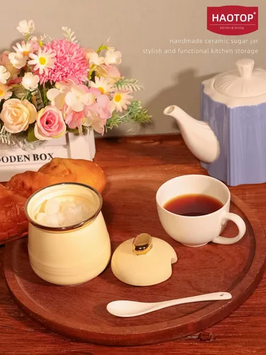 Vista 4 de Azucarero de 12 oz con tapa y cuchara, tarro de azúcar de cerámica simple, contenedor de azúcar, dispensador de azúcar, accesorios de barra de café