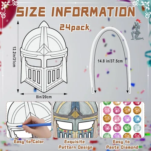 Vista 2 de 24 Pack Color Your Own Knight Mask Craft Kit DIY Knight Paper Mask for Kid Party Favors Helmet Craft, Medieval Armor Theme, Princess Decoration