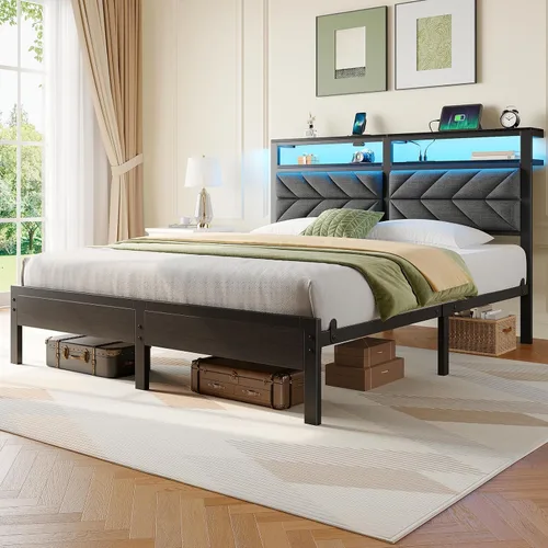 Vista 8 de Seventable Base de cama de tamaño matrimonial con estación de carga y luces LED, cabecera tapizada con estantes de almacenamiento, plataforma