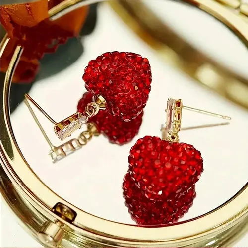 Vista 8 de Pendientes de San Valentín para ella, aretes de cuentas de diamantes de imitación de corazón rojo, camisas de atuendo para mujer, accesorios