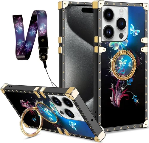 Vista 18 de nancheng Funda para iPhone 15, diseño de flor de mariposa azul, TPU suave, a prueba de golpes, con soporte de anillo y cordón a juego, elegante