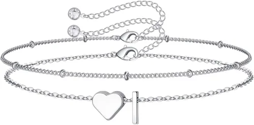 Vista 14 de M MOOHAM Pulseras de oro con inicial de corazón para mujer, pulseras con dije de letra A-Z de corazón dorado en capas para mujer, pulseras