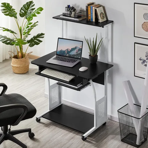 Vista 2 de Yaheetech Escritorio de computadora móvil de 2 niveles con estante para impresora y bandeja para teclado, mesa de computadora rodante para espacios