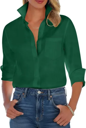 Vista 5 de Camisas con botones para mujer, camisa de vestir de manga larga, sin arrugas, con cuello, camisa de trabajo, casual, blusa de oficina