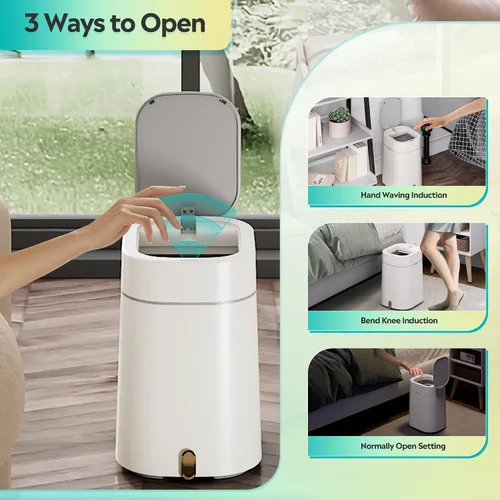 Vista 5 de WLIVE Basurero automático de baño de 3.2 galones / 12 litros, con sensor de movimiento, con anillo de fijación de bolsa, cesta de basura pequeña