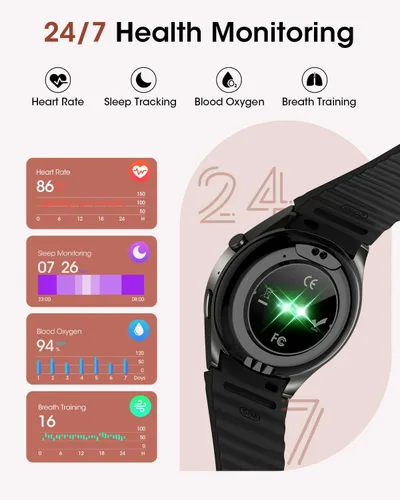 Vista 3 de Relojes inteligentes para hombres/mujeres, reloj inteligente Bluetooth de 1.26 pulgadas con monitor de frecuencia cardíaca, SpO2/sueño, más de 110