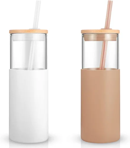 Vista 28 de Tronco Vaso de vidrio de 28 onzas con tapas y pajilla, taza reutilizable para café helado y vaso para batidos con tapa de bambú, funda de silicona