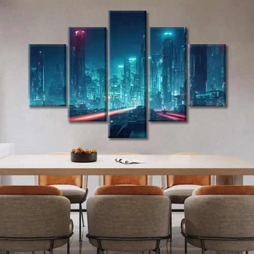 Vista 332 de Cuadros de 5 paneles de Cyberpunk City, arte de pared, representación de vallas publicitarias, edificios modernos en la capital con obras de arte
