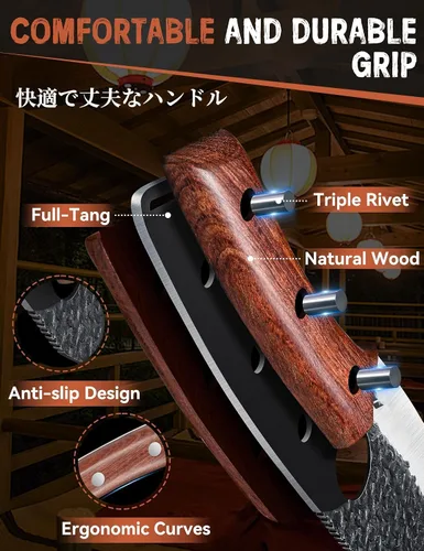 Vista 4 de Huusk Juego de 2 cuchillos vikingos japoneses para cortar carne, cuchillos forjados a mano con mango de madera, cuchillos japoneses de acero de alto