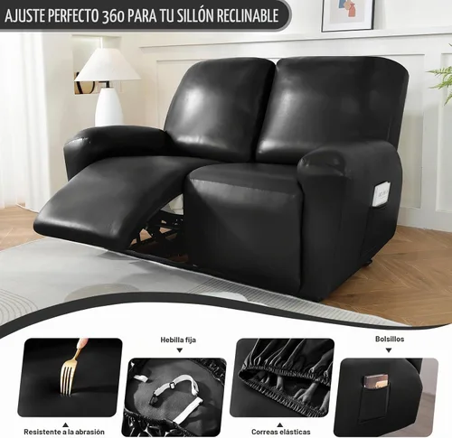 Vista 3 de Vctops - Funda elástica de 6 piezas para sofá biplaza reclinable, de cuero sintético impermeable, protector de muebles antideslizante con borde Negro