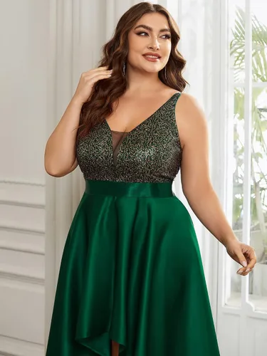 Vista 5 de Ever-Pretty Vestido de mujer sin mangas con cuello en V de lentejuelas alto-bajo de satén de una línea de verano de talla grande vestido de invitada