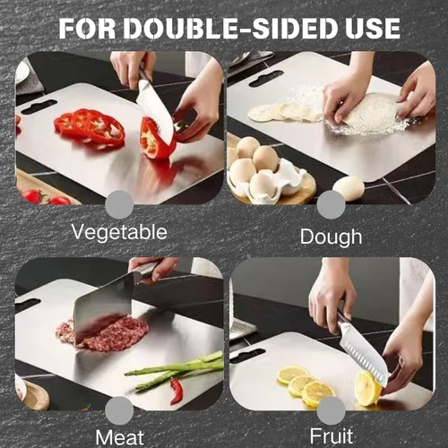 Vista 4 de Tabla de cortar de acero inoxidable de doble cara, tabla de cortar de grado alimenticio de doble cara, segura y práctica, para cortar carne, frutas
