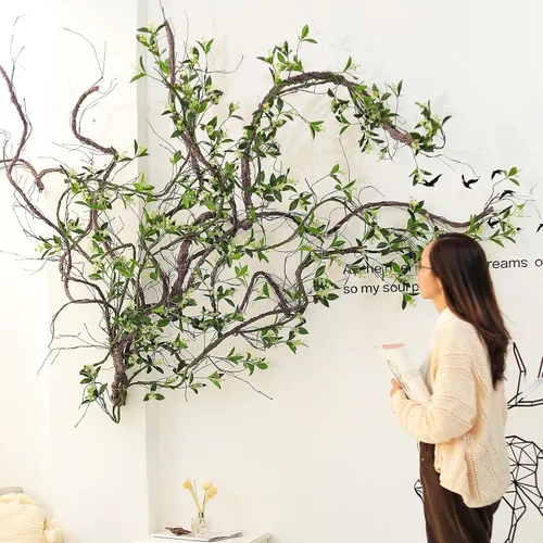 Vista 6 de 118 pulgadas/118.1 in pequeño colgante de pared artificial de cerezo ramas de árbol de cerezo falso, enredaderas de caña falsas, plantas