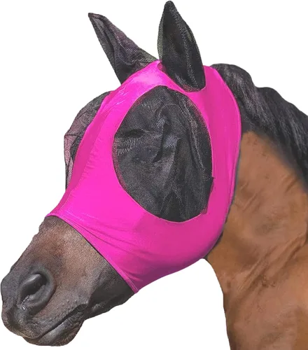 Vista 8 de Máscara de mosca de caballo UV mejorada con orejas, protector solar equino, licra silenciosa, elástica, con protección para los oídos