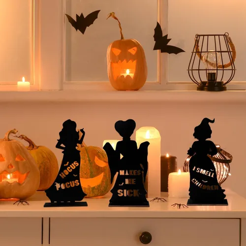 Vista 6 de 3 piezas de Hocus Pocus, centros de mesa de madera, decoración de bruja de Halloween