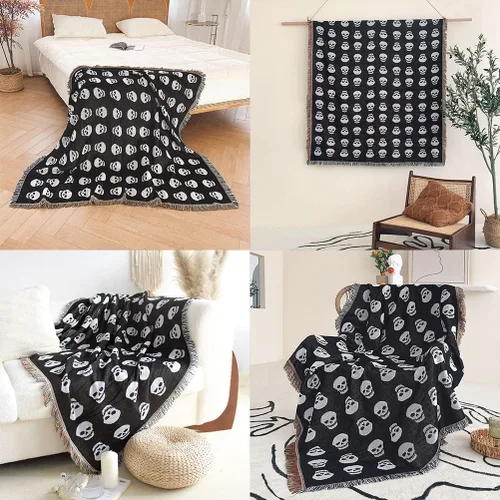 Vista 3 de Manta tejida de calaveras de Halloween estilo terror con borla para decoración del hogar, silla, sofá, cama, playa, viajes, picnic, mantón, algodón