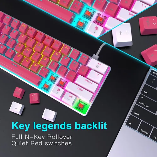 Vista 4 de Teclado portátil 60% mecánico para juegos, compacto de 61 teclas Mini USB-C Teclado de computadora Interruptor rojo para PC con Windows Laptop