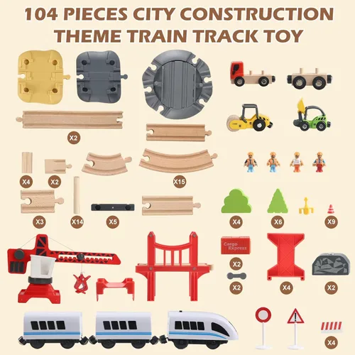 Vista 6 de Juego de Tren de Madera de 104 Piezas para Niños Pequeños, Trenes Magnéticos con Vía para Niños de 3 a 6 Años, Compatible con las Principales