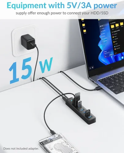 Vista 4 de PHIXERO Concentrador USB de 7 puertos, 3.3 pies/3.3 ft de largo Cable USB 3.0 Hub Hub Multi USB Hub Adaptador de Extensión USB Divisor USB Hub USB