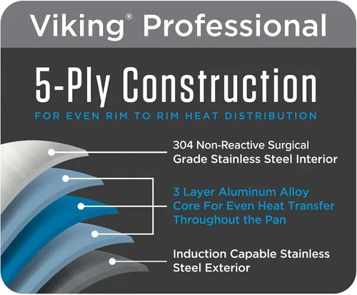 Vista 5 de Viking Culinary Professional - Sartén de chef de acero inoxidable de 5 capas, 12 pulgadas, incluye tapa de acero y mango ergonómico que se mantiene