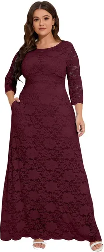 Vista 2 de MAYFASEY Vestido de novia de encaje floral para mujer, talla grande, manga 34, dama de honor, fiesta de noche, vestido largo con bolsillos