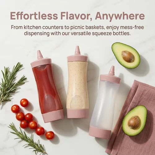 Vista 3 de 3 botellas exprimibles de condimentos para salsas, botella de plástico con tapa, aderezo, aceite, salsa de mostaza, dispensadores de salsa de tomate