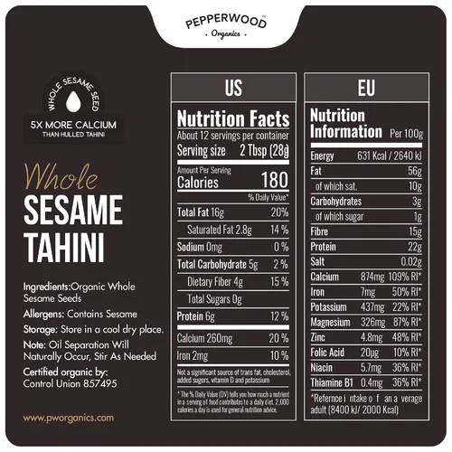 Vista 2 de Pasta de Tahini de Sésamo Integral Orgánica – Sin Descascarillar y Molida en Piedra – Textura Sedosa y Suave en Hummus, Salsas, Aderezos – Sin Sal