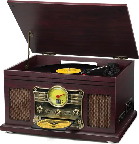Vista 10 de FEKTIK FEKTIK - Tocadiscos Bluetooth 10 en 1, tocadiscos de 3 velocidades para vinilo con altavoces, convertidor LP a MP3, CD, reproductor de Negro