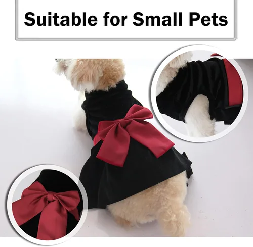 Vista 4 de Vestido de Perro con Moño, Ropa de Moda para Todo Clima, Cachorro, Vestido de Boda, Vacaciones, Princesa, Ropa para Mascotas, Perros Pequeños, Negro