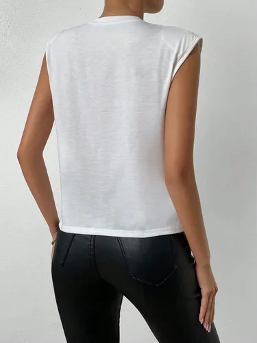 Vista 2 de SOLY HUX Camiseta sin mangas con cuentas de perlas para mujer, cuello redondo, camisetas de verano