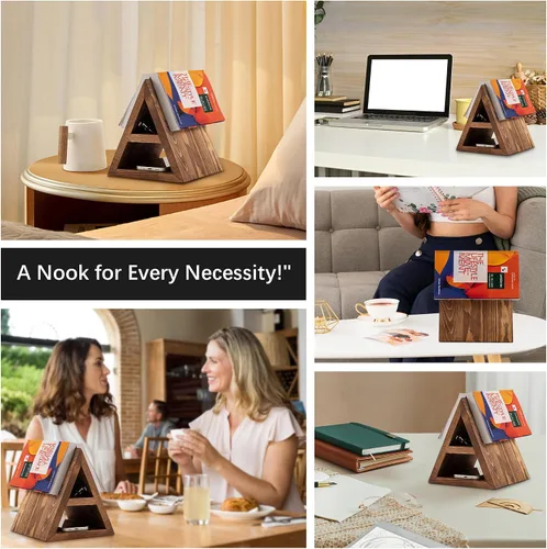 Vista 6 de Soporte de madera para páginas de libros en forma de triángulo, sin necesidad de montaje, regalos para amantes, soporte para libros para dormitorio